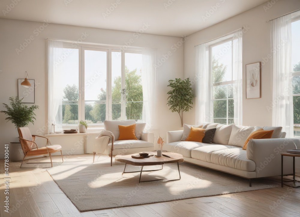 Bright, airy living room with minimalist furniture and decor , cushions, minimalist design, furniture Bright, airy living room with minimalist furniture and decor , cushions, minimalist design, furniture
