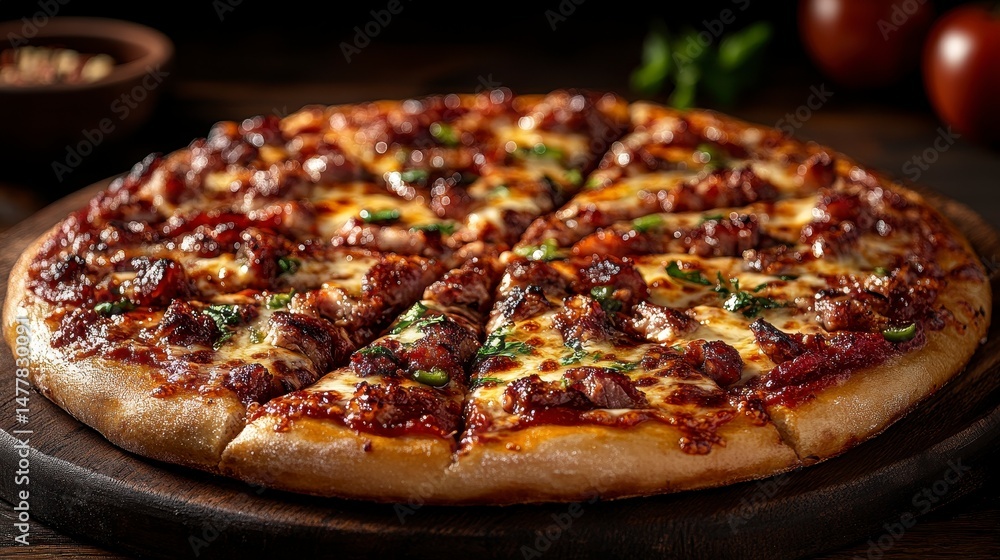 Sliced pizza cheesy, savory toppings on a wooden board, tomatoes & spices in the background Sliced pizza cheesy, savory toppings on a wooden board, tomatoes & spices in the background