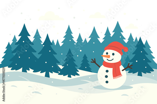 A winter landscape featuring snow, fir trees, and a snowman serves as a banner background for posters, covers, or advertisements