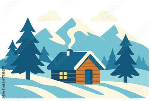 Mountainous winter scenery features a snow-covered cabin