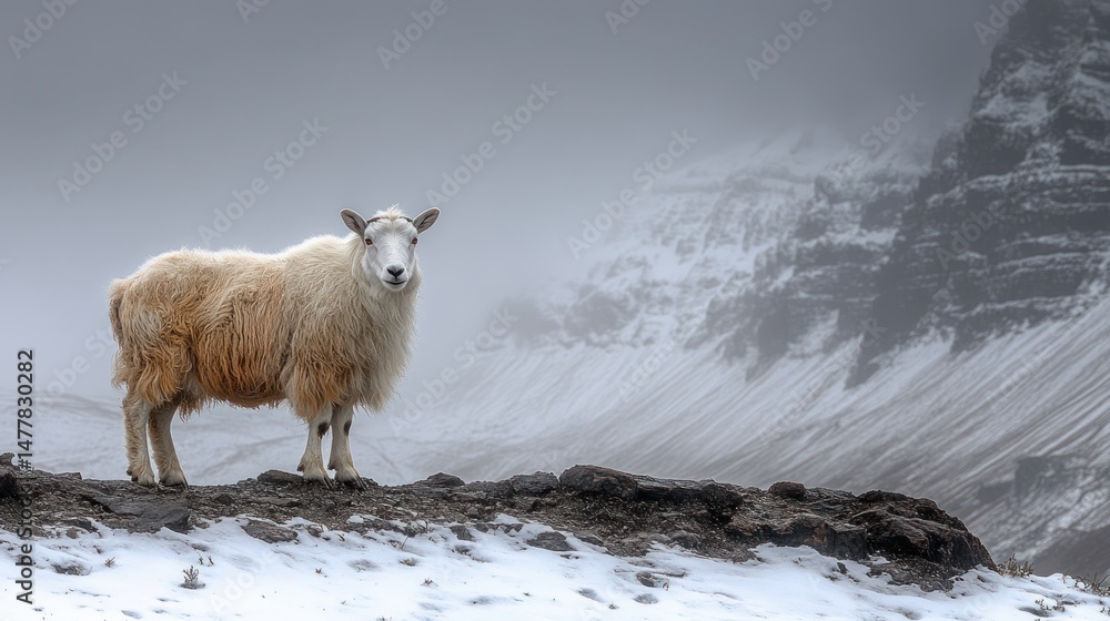 Naklejka premium Sheep on a snowy mountaintop