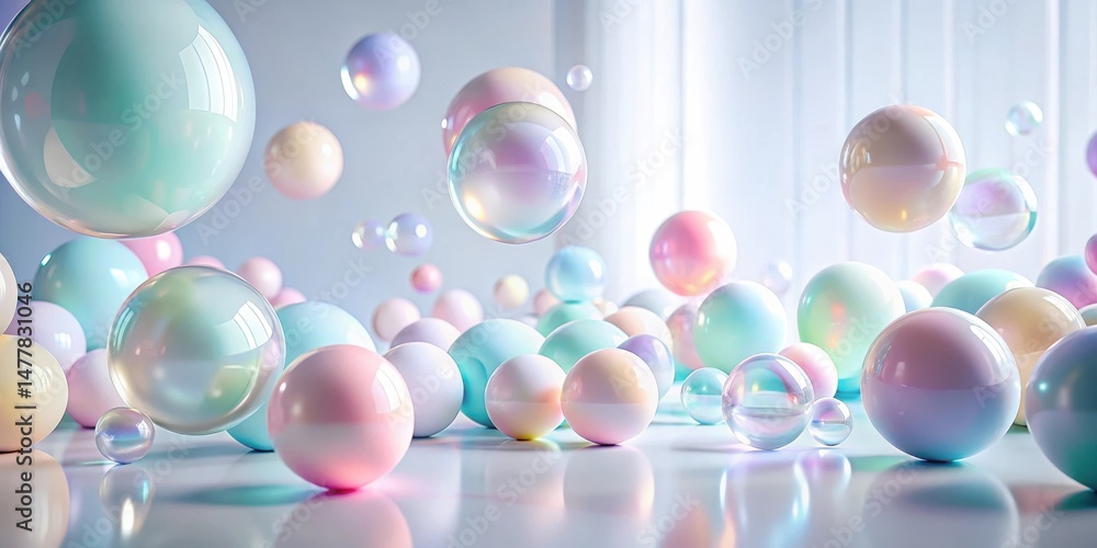 Pastel Spheres Floating in a Dreamlike Setting, Reflecting Light and Creating an Ethereal Atmosphere Pastel Spheres Floating in a Dreamlike Setting, Reflecting Light and Creating an Ethereal Atmosphere