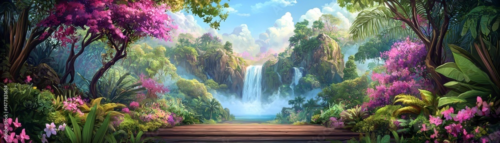 Naklejka premium Tranquil nature scene vibrant wildflowers and waterfalls lush countryside serene environment gigapixel view