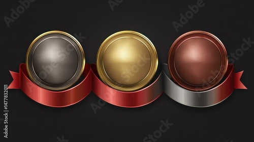 Champion gold, silver and bronze medails with red ribbon banners. Winner award competition, prize medal and banner for text. Vector illustration illustration , no logos, no brands