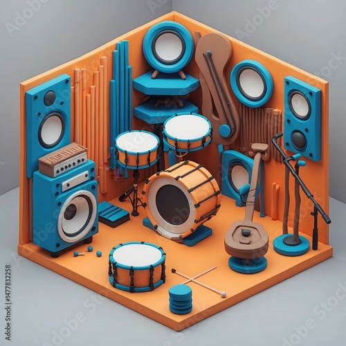 Music instruments studio isometric style. Drums set, speakers and other instruments. Room with drumkit and equipment, orange and blue colors