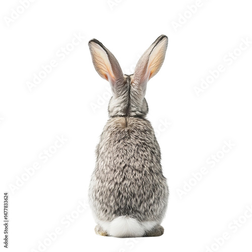 A gray rabbit with long ears sits with its back to the camera, its fluffy tail visible, presenting a delightful rear view. This adorable image captures the quiet charm of this cuddly creature.