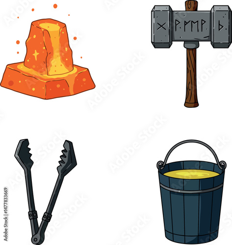 Blacksmith Tools with Glowing Anvil Hammer Tongs and Bucket Vector Illustration 