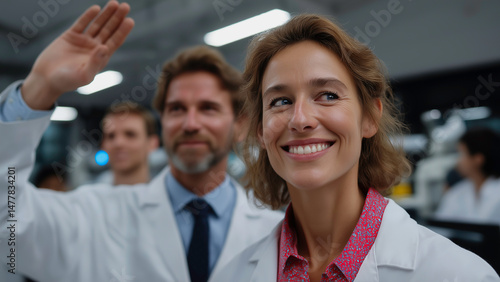 A group of researchers proudly acknowledges their scientific achievements in a modern laboratory, teamwork and professional success.