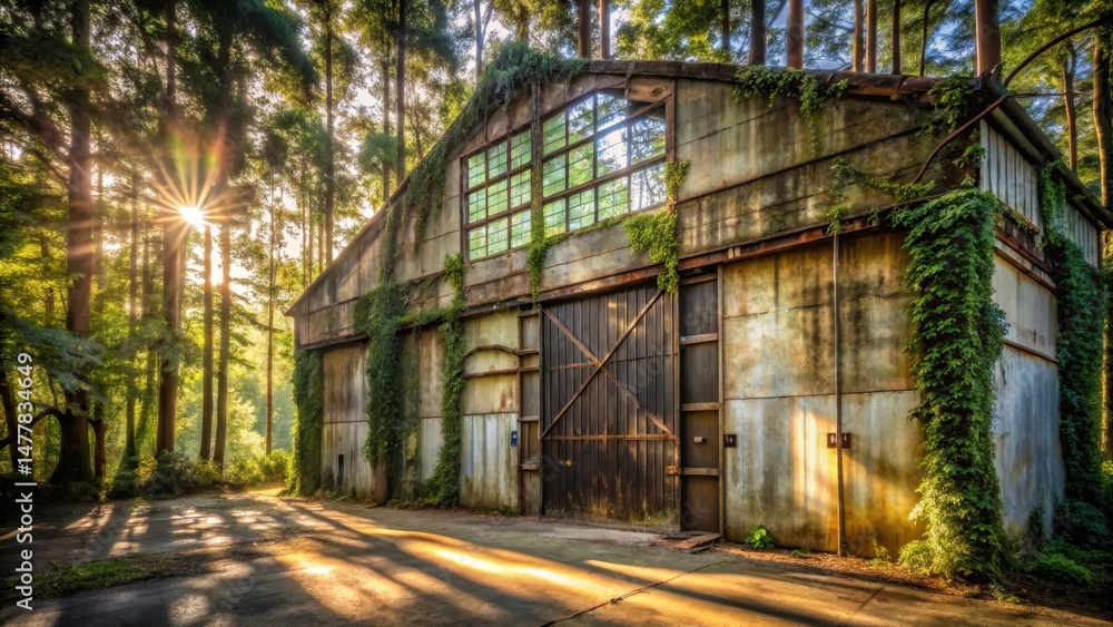 Sunlit Rustic Building Overgrown with Vines in a Wooded Area Sunlit Rustic Building Overgrown with Vines in a Wooded Area