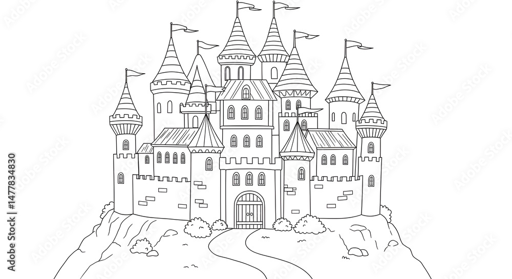 A4 size castle drawing page Detailed castle illustration in black and white for coloring, isolated on white—perfect for fairytale-themed worksheets, printables, or children’s activity books. A4 size castle drawing page Detailed castle illustration in black and white for coloring, isolated on white—perfect for fairytale-themed worksheets, printables, or children’s activity books.