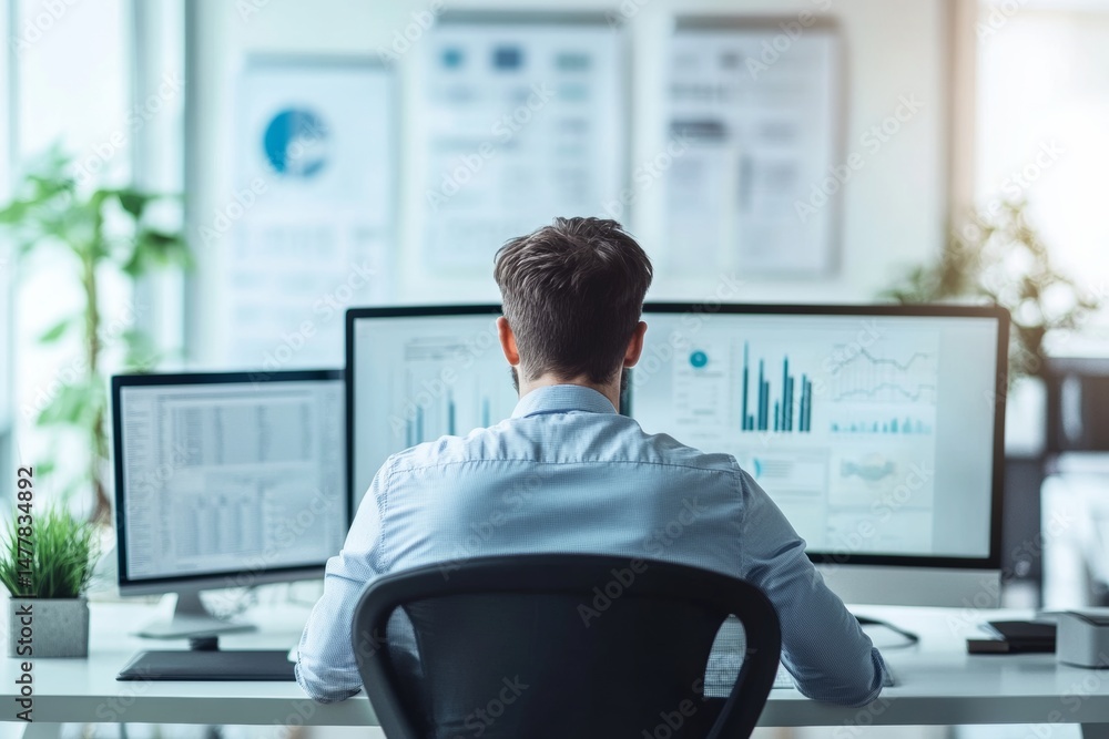 modern workspace with a data scientist analyzing a dataset, set against a clean and bright background with ample copy space, analytic at work, data driven decision making modern workspace with a data scientist analyzing a dataset, set against a clean and bright background with ample copy space, analytic at work, data driven decision making