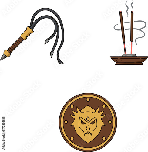 Ancient weapon whip with incense sticks and fantasy monster shield vector illustration 