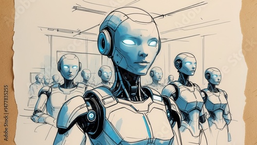 Robots Crowd in Room. Humanoid Machines Hand Drawing Illustration