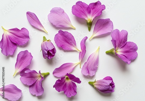 A bunch of purple flower petals scattered aesthetically on a white background.