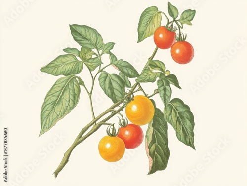 Tomato plant illustration with ripe fruits and green leaves vintage botanical art style close up isolated on white background nature garden vegetable food