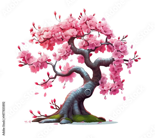 Beautiful cherry blossom tree with pink flowers and a gnarled, twisted trunk. Petals fall gently around the elegant spring tree on a white background.