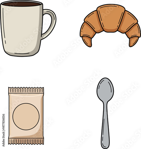 Coffee cup croissant spoon and snack breakfast food vector illustration simple design 