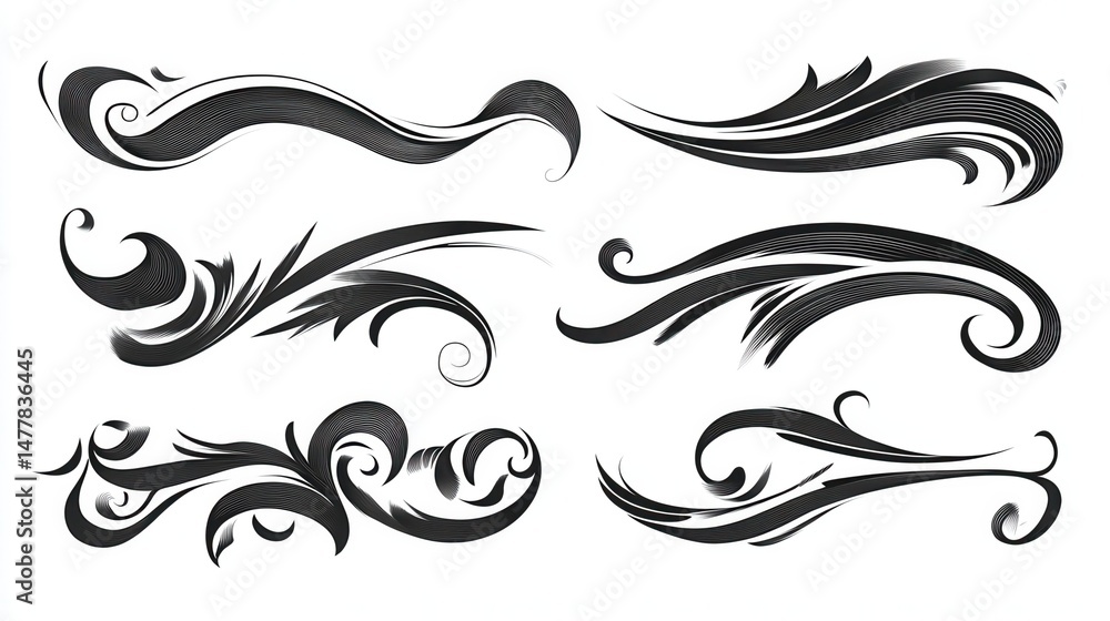 Fototapeta premium Swoosh tails. Swirl sport typography element, isolated curly text pennants. Black retro calligraphy strokes or ornament designs vector set illustration , no logos, no brands