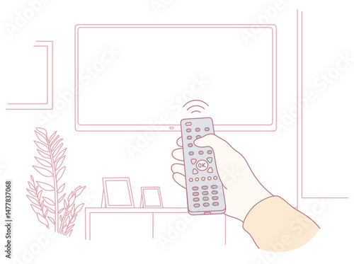 A hand is holding a remote control that is aimed at a stylish wallmounted TV in a welldesigned living room