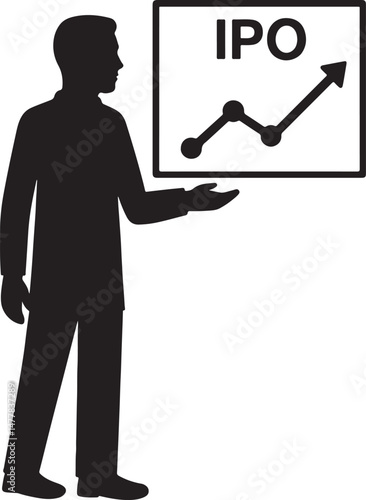 Silhouette of company IPO graph showing upward trend, symbolizing stock market launch, business growth, and financial success.