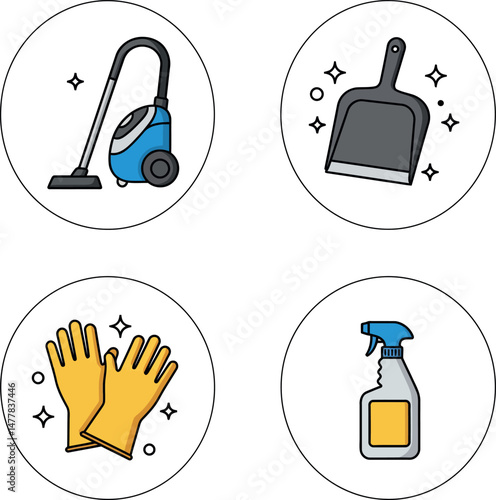 Cleaning tools vacuum gloves spray bottle and dustpan vector icons set 