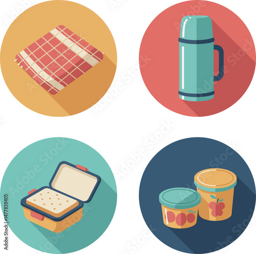 Picnic blanket thermos lunch box and food containers flat icons vector illustration 