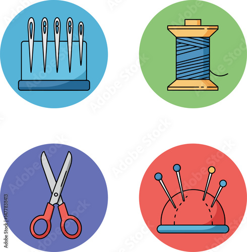 Sewing tools needles spool scissors and pin cushion vector illustration set 