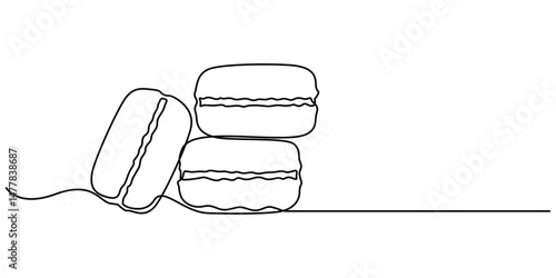 Macaroons cookie biscuit line continuous drawing. One line illustration. Hand drawn linear silhouette of macaroons, Macaron cookie one continuous line design. Restaurant food menu design concept. 