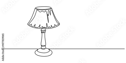 A simple line drawing of a desk lamp. It shows the lamp's shape and features in a single continuous line. continuous single one line art concept, Table study lamp outline drawing illustration. one.