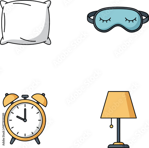 Sleep essentials pillow eye mask alarm clock and lamp vector illustration set 