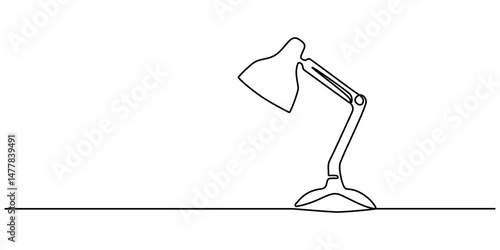 A simple line drawing of a desk lamp. It shows the lamp's shape and features in a single continuous line. continuous single one line art concept, Table study lamp outline drawing illustration. one.