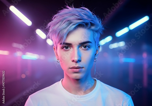 Close-up portrait of person with short dyed hair in vibrant neon lights.