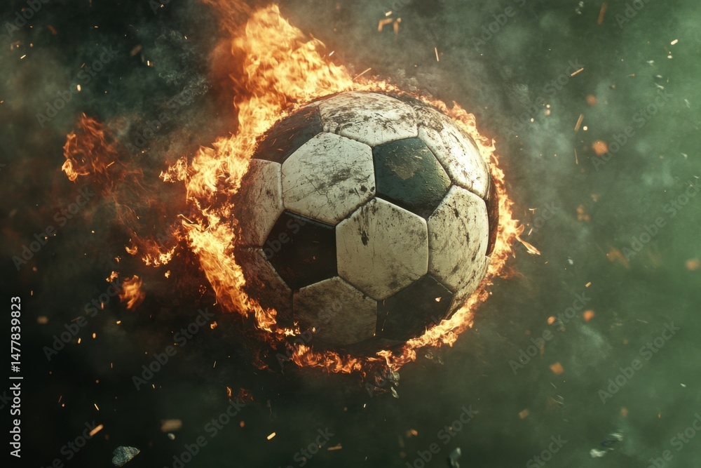 Naklejka premium Fiery Soccer Ball in Motion Close-Up Shot Sports Concept Intense Competition Burning Football Game Energy