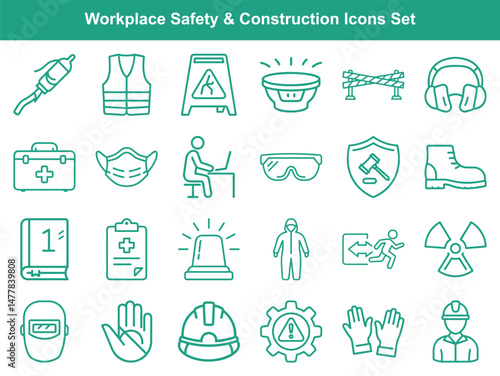 Collection of Safety and Construction Outline Icons Workplace Hazards, Protection, and Regulations Depicted