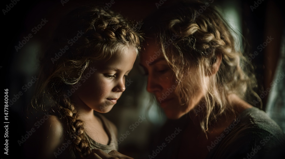 Fototapeta premium A mother braiding her daughter's hair before school, soft morning light through the window