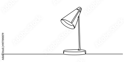 A simple line drawing of a desk lamp. It shows the lamp's shape and features in a single continuous line. continuous single one line art concept, Table study lamp outline drawing illustration. one.