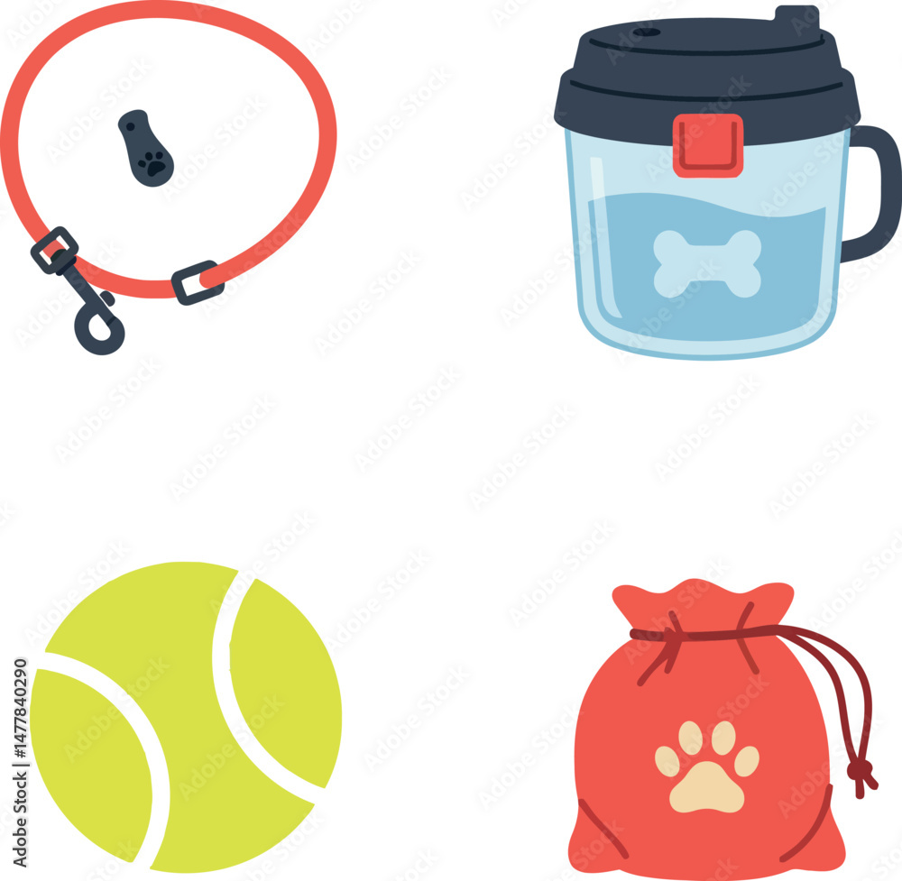 Dog collar water bottle tennis ball and paw print bag pet accessories vector illustration Dog collar water bottle tennis ball and paw print bag pet accessories vector illustration