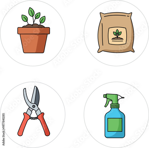 Plant care tools seed bag pruning shears spray bottle gardening equipment vector illustration 