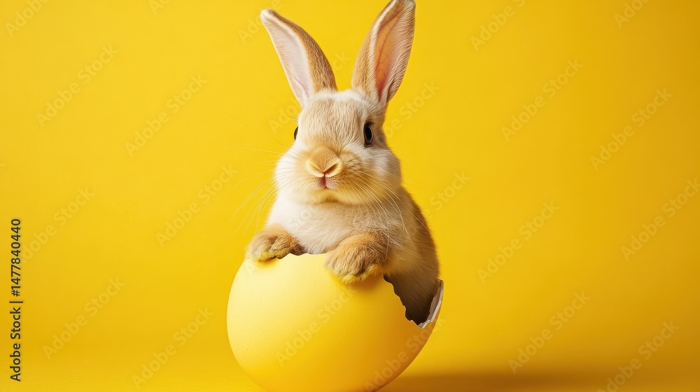 Obraz premium Adorable bunny sits inside yellow Easter egg. Bright yellow background. Springtime scene. Cute and fluffy bunny. Happy Easter. Celebration. Family fun. Holiday. Kids love this photo.