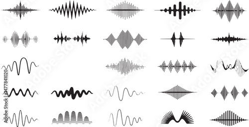 Sound Wave Icons Set Featuring Audio Equalizer, Music Recording, and Radio Signal Illustrations