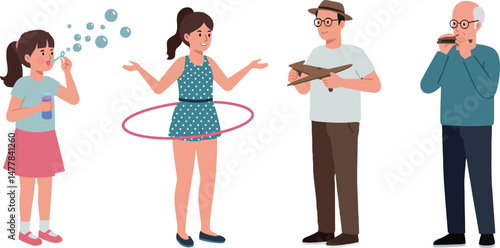 Children and adults enjoying outdoor activities with bubbles hula hoop guitar and harmonica 