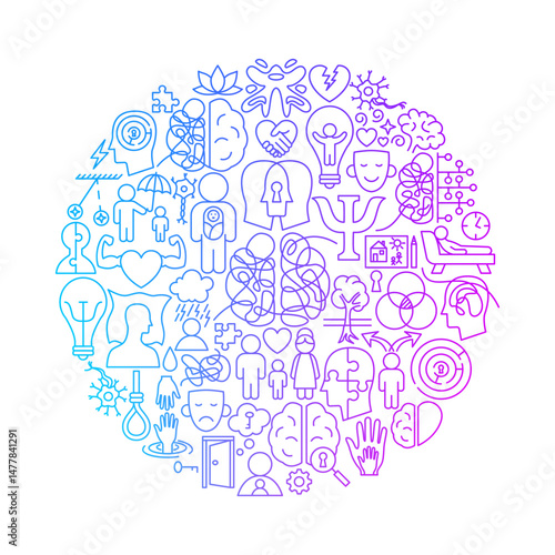 Psychology Line Art Icon Circle Design. Vector Thin Outline Mental Health Linear Symbols. Wellness and Awareness Month. Therapy Objects Background.