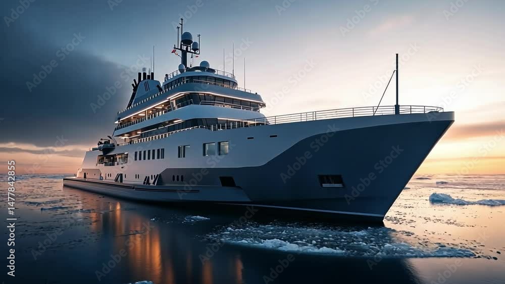 Large, modern icebreaker vessel cutting through the Arctic ice, showcasing advanced engineering and formidable power in a remote, icy landscape. Large, modern icebreaker vessel cutting through the Arctic ice, showcasing advanced engineering and formidable power in a remote, icy landscape.