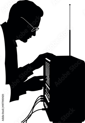Man Playing Vintage Radio Equipment Silhouette Vector Illustration Black and White 