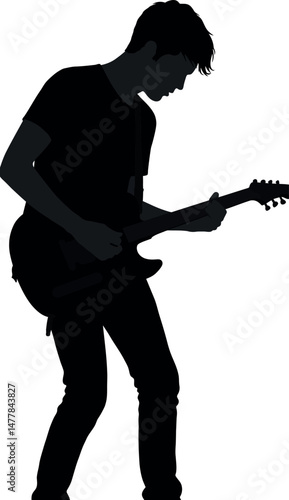 Silhouette of Male Playing Electric Guitar in Musical Performance Vector Illustration 