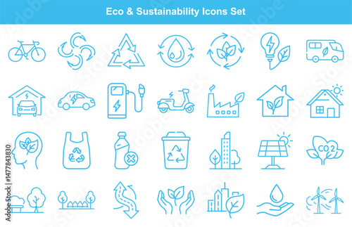 Eco and Sustainability Linear Style Icon Set Featuring Renewable Energy and Green Practices