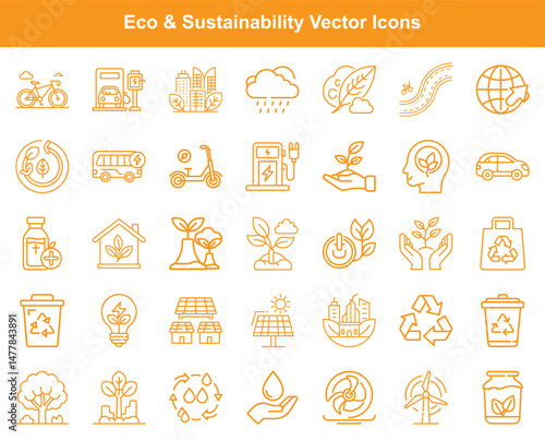 Eco and Sustainability Outline Icons Set Renewable Energy, Recycling, and Green Transportation