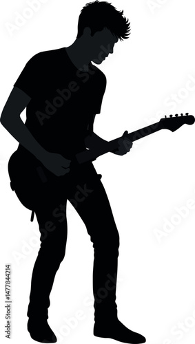 Silhouette of young man playing electric guitar in black vector illustration 