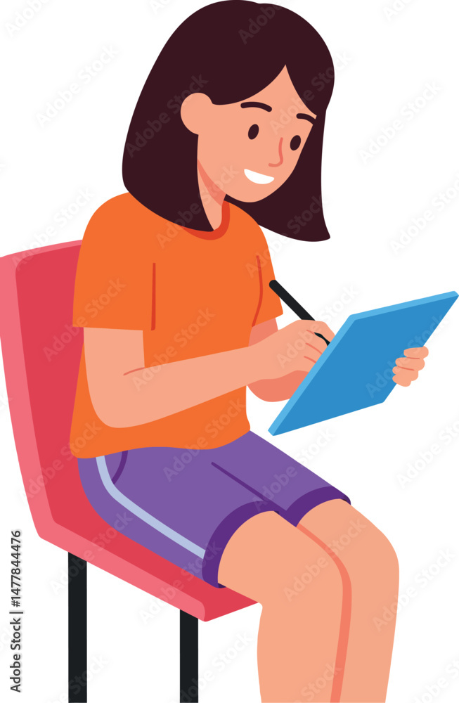 Girl Sitting on Chair Writing on Blue Tablet Digital Device Illustration Girl Sitting on Chair Writing on Blue Tablet Digital Device Illustration