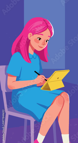 Young woman with pink hair drawing on digital tablet in blue dress sitting indoors vector illustration 